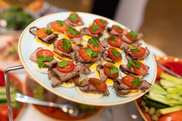 Close-up of meat snacks on the custard pillow