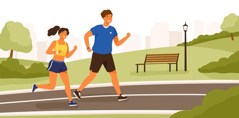 Cute couple dressed in sportswear running or jogging in park. Happy man and woman training outdoor together. Sports activity, healthy lifestyle. Colorful vector illustration in flat cartoon style.