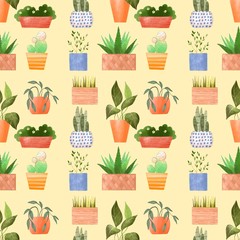 Potted plants. Colorful cartoon seamless pattern. Hand drawn