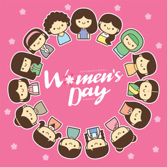 Obraz na płótnie Canvas International Women's Day vector illustration with diverse group of women of different age, race and outfits.