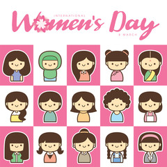International Women's Day vector illustration with diverse group of women of different age, race and outfits.