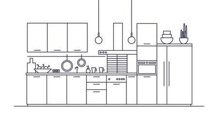 Kitchen full of furniture, household appliances, cookware, cooking facilities and utensils, home decorations. Elegant room interior in trendy Scandic style. Linear monochrome vector illustration.