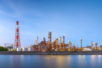 Obraz premium Oil refineries line a river in Yokkaichi, Japan.