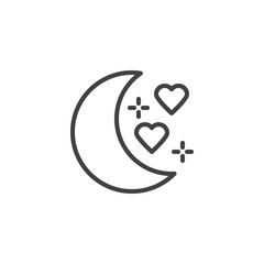 Honeymoon line icon. linear style sign for mobile concept and web design. Moon with hearts outline vector icon. Love symbol, logo illustration. Pixel perfect vector graphics