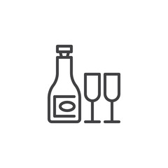 Champagne bottle and glasses line icon. linear style sign for mobile concept and web design. Festive toast glasses with champagne outline vector icon. Symbol, logo illustration. Pixel perfect vector 