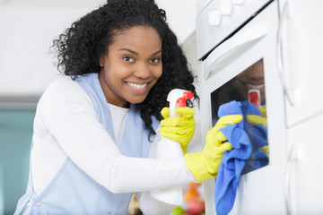 beautiful woman cleaning oven with spray bottle and rag