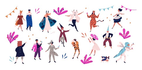 Group of happy men and women dressed in festive costumes for masquerade, carnival, party, holiday celebration isolated on white background. Colorful vector illustration in flat cartoon style.