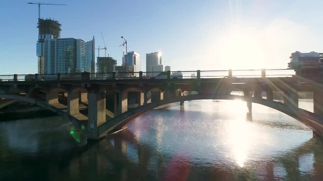 4K Crane Aerial of Lamar Bridge at Sunrise in Austin