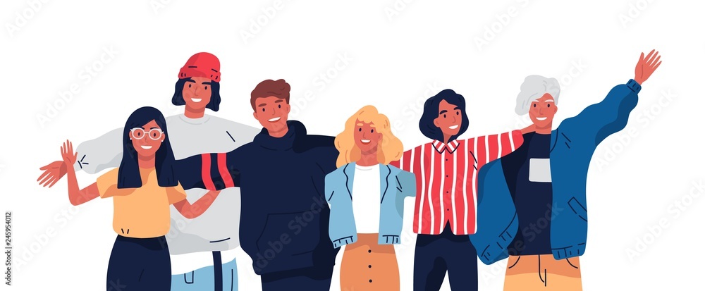 Sticker Group portrait of smiling teenage boys and girls or school friends standing together, embracing each other, waving hands. Happy students isolated on white background. Flat cartoon vector illustration.