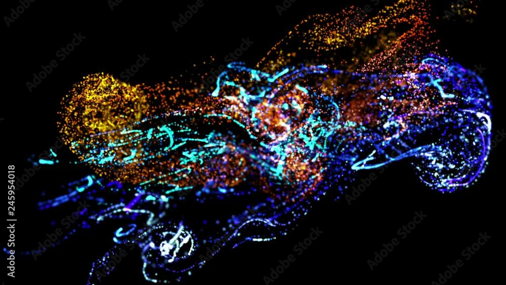 Aufkleber collision of two streams of particles in 4k. ink effect advection. glitter in stream of invisible in