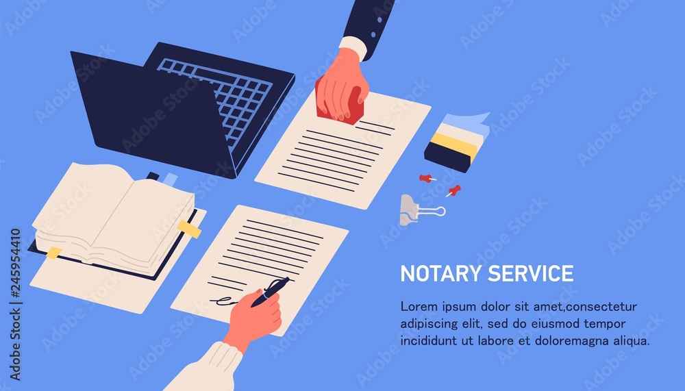 Aufkleber notary service advertisement. horizontal web banner in blue color with hands witnessing legal docume