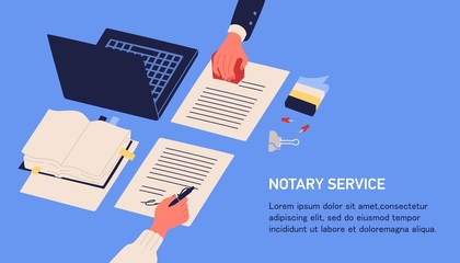 Notary service advertisement. Horizontal web banner in blue color with hands witnessing legal documents by signature and seal or stamp and place for text. Colorful vector illustration in flat style.