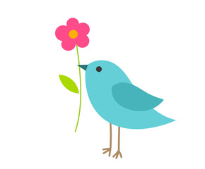 Cute blue bird with a flower.