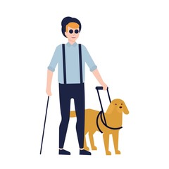 Blind man and guide dog isolated on white background. Guy with blindness, visual impairment or vision loss and service or assistance animal. Colorful vector illustration in flat cartoon style.