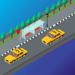 Vector trasportation illustration. Icons of transport. Taxi. Isometric image of vehicle. Traffic and speed concept.