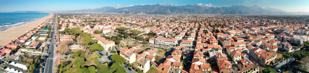 Fototapeta na wymiar Aerial view of Forte Dei Marmi skyline, panoramic skyline..