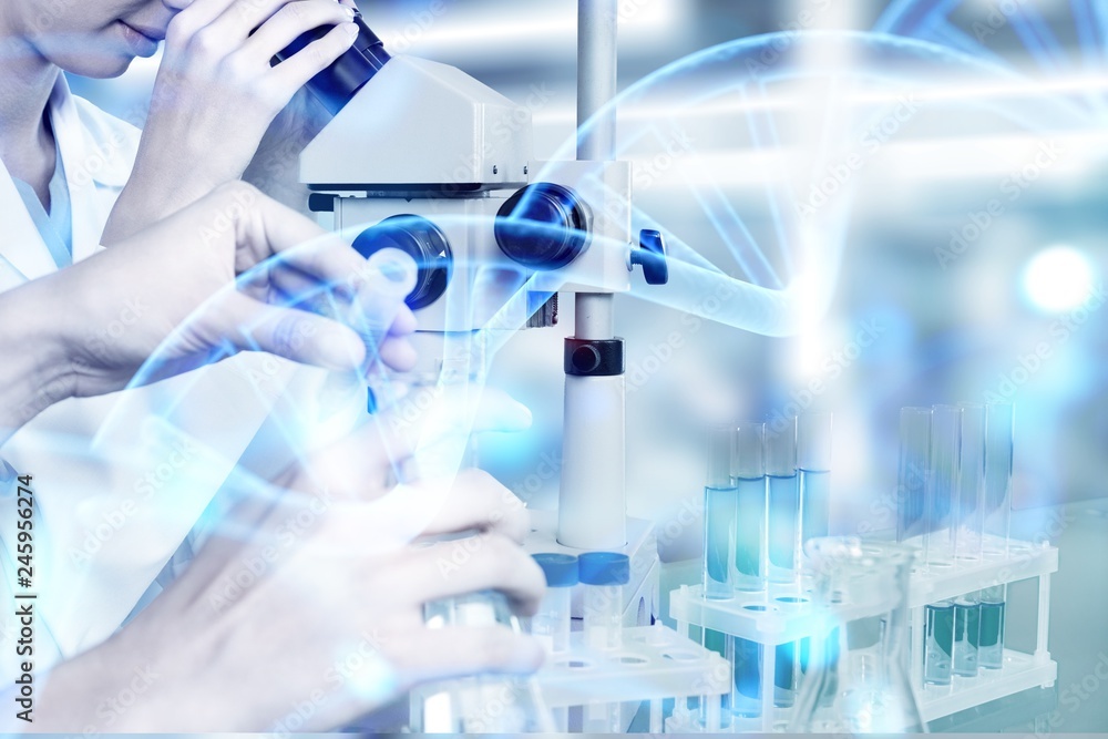 Poster female scientist working with microscope in laboratory