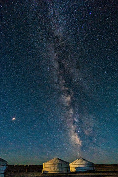 Scenic view of milky way above tents at night