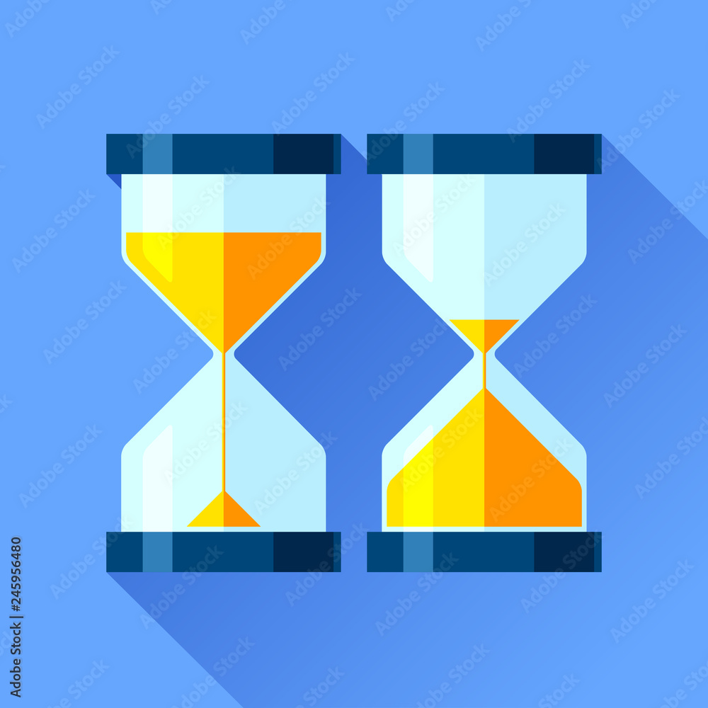 Poster hourglass icons set in flat style, sandglass timers on color background. vector design elements for 