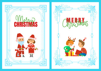 Merry Christmas holidays and happy winter posters vector. Santa Claus holding sack with presents to kids, Snow Maiden with lollipop. Unpacking gifts