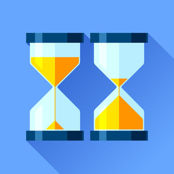Hourglass icons set in flat style, sandglass timers on color background. Vector design elements for you project 