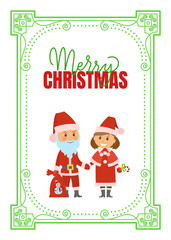 Merry Christmas poster Santa Claus and Snow Maiden in red holiday costumes, vector lettering and decorative frame. Mother and father changed to greet children