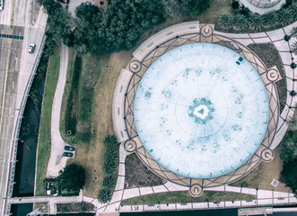Jacksonville aerial overhead view of city fountain, Florida