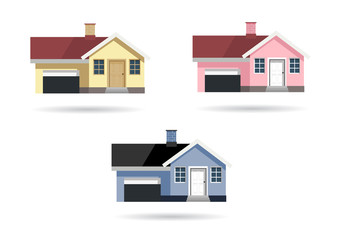 yellow, pink and blue house with garage on white isolated bacground