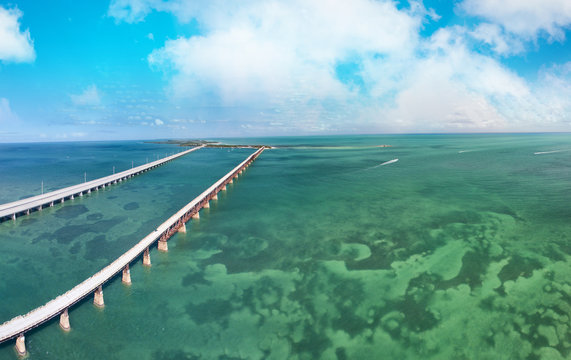 Old Bahia Honda Bridge and Florida State Road A1A, aerial view of Florida