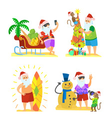 Christmas on beach, Santa Claus and monkey decorating umbrella, snowman of sand, sleigh full of fruits, New Year in hot countries, old man with surfboard, vector