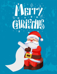 Merry Christmas, Santa Claus reading wish list, long paper scroll isolated on blue snowy background. Saint Nicholas checking wishes of kids in letter, vector