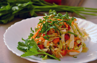 Beautiful colorful salad of fresh vegetables and parsley on a white plate on the table.
