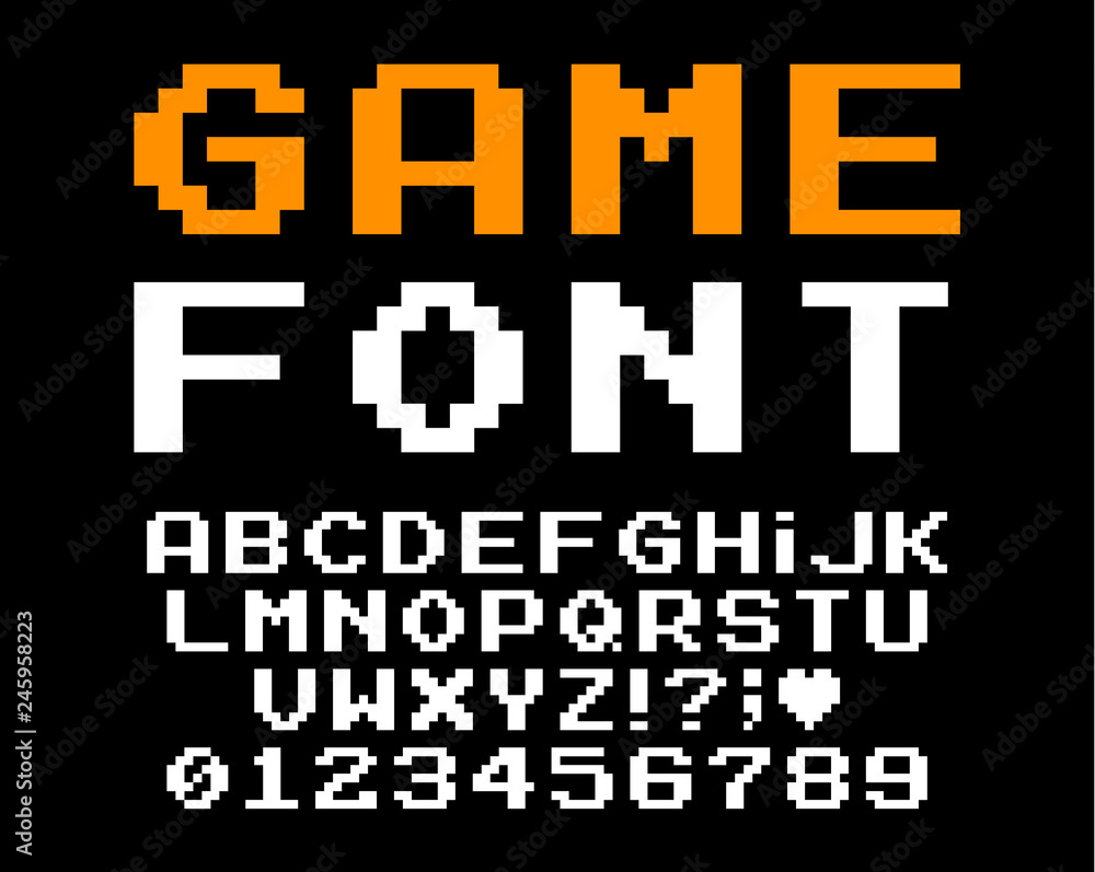 Poster set of vector letters in retro style. game design. font of old games. 8 bit letters and numbers vect