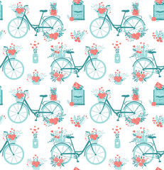 Seamless pattern with cute girly bike. Romantic bouquets of flowers in basket and love mail letters in mailbox. Cute background love valentines day or wedding concept