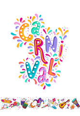 Vector Hand drawn Carnaval Lettering. Carnival Title With Colorful Party Elements, confetti and brasil samba dansing