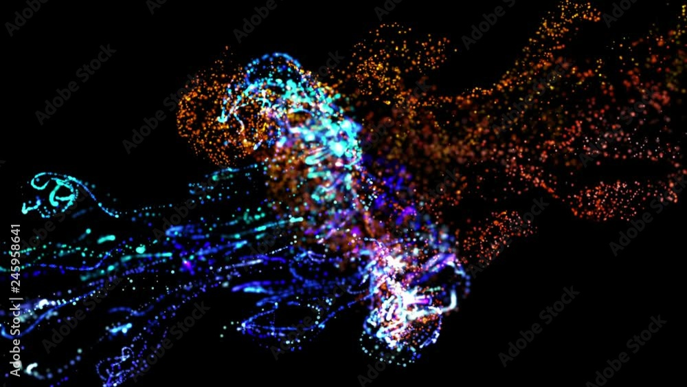 Aufkleber collision of two streams of particles in 4k. ink effect advection. glitter in stream of invisible in