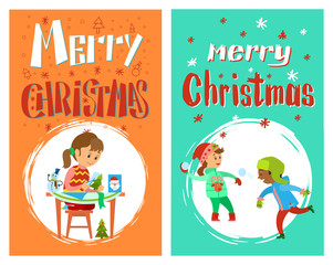 Merry Christmas greeting postcard with snowflakes. Girl sitting and making fir-tree and children playing snowball in hot clothes vector holiday paper