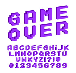 Set of vector letters in retro style. Game design. Font of old games. 8 bit letters and numbers vector alphabet.