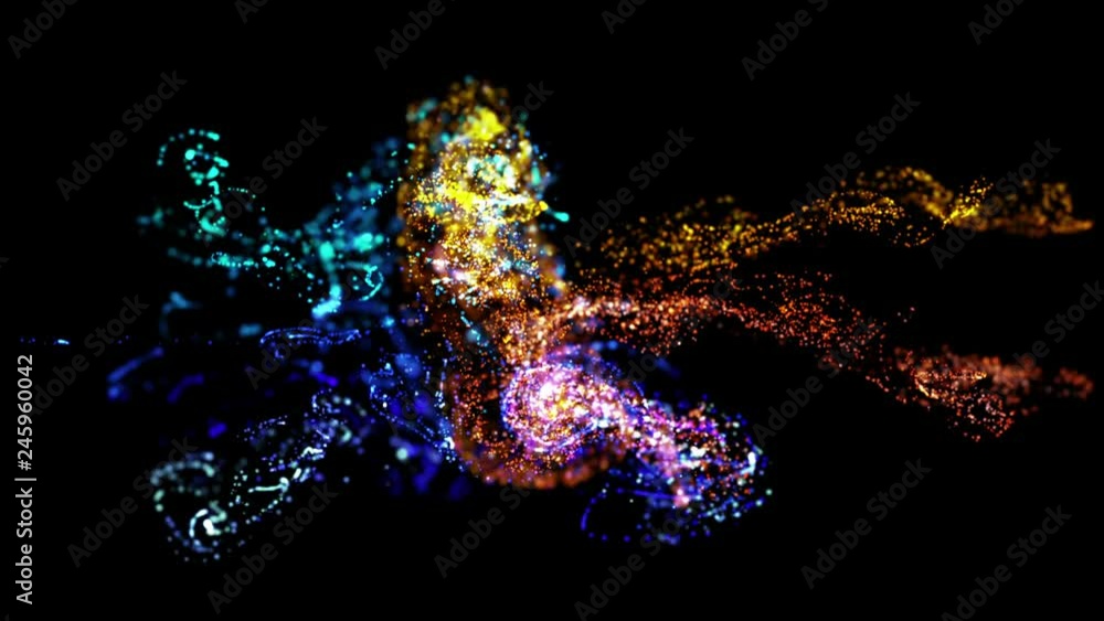 Aufkleber collision of two streams of particles in 4k. ink effect advection. glitter in stream of invisible in