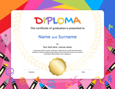 Kids Diploma or certificate template with colorful background