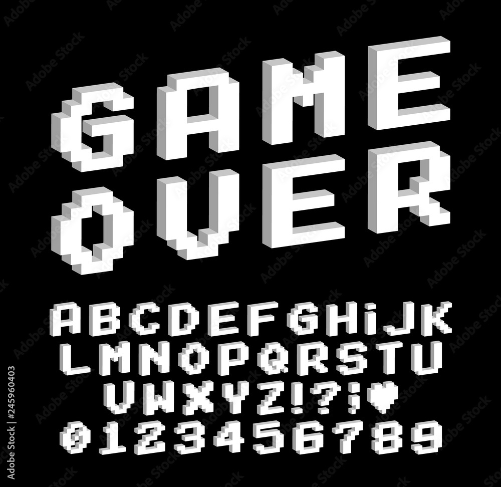 Poster set of vector letters in retro style. game design. font of old games. 8 bit letters and numbers vect