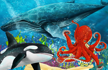 Obraz na płótnie Canvas cartoon scene with whale and killer whale and octopus near coral reef - illustration for children