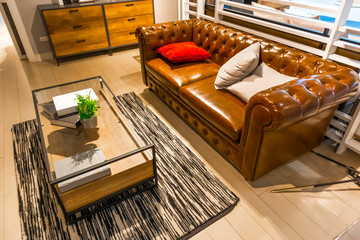 brown elegant leather sofa in living room