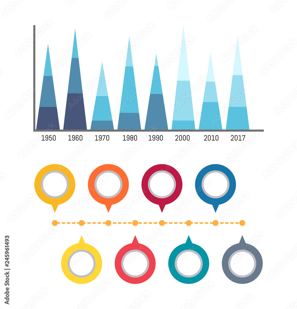 Poster infographics and circled flowcharts diagrams isolated icons vector. scale with numeric data, timelin