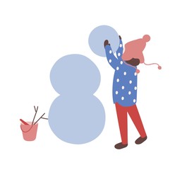 Cute little child girl dressed in outerwear building snowman. Winter outdoor activity for kids. Funny adorable cartoon character isolated on white background. Colorful flat vector illustration.