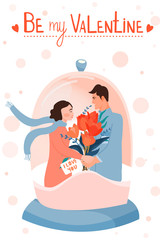 Valentine's day card with happy couple. Snow globe with couple in love. Man giving to his woman a bouquet of flowers. Vector illustration.