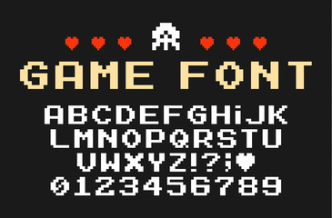 Set of vector letters in retro style. Game design. Font of old games. 8 bit letters and numbers vector alphabet.