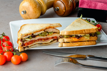 Delicious sandwiches with ham, tomatoes and cucumbers on the plate. New menu for the restaurant