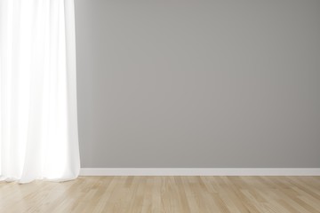 Empty interior grey wall with white curtain on wooden floor.