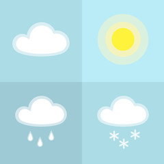 Sun cloud rain snow simple icon Isolated on blue background Icon symbol sunny cloudy rainy snowy weather Flat design element of application banner card meteo weather icon Vector wallpaper applications